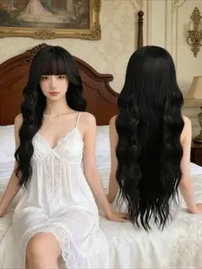 Women's long black curly wavy wig with bangs, Fashion fluffy wigs, fluffy and comfortable, natural and realistic, easy to manage, secure fit, no glue required, will not damage hair, suitable for everyday wear, dates, parties, travel, concerts, Halloween