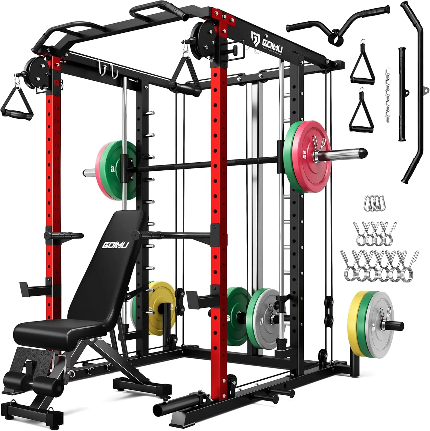 S1-V4 Smith Machine, 2000LBS Power Cage with Cable Crossover System, All-in-One Squat Rack with Smith Bar, Strength Training Equipment for Home Gym