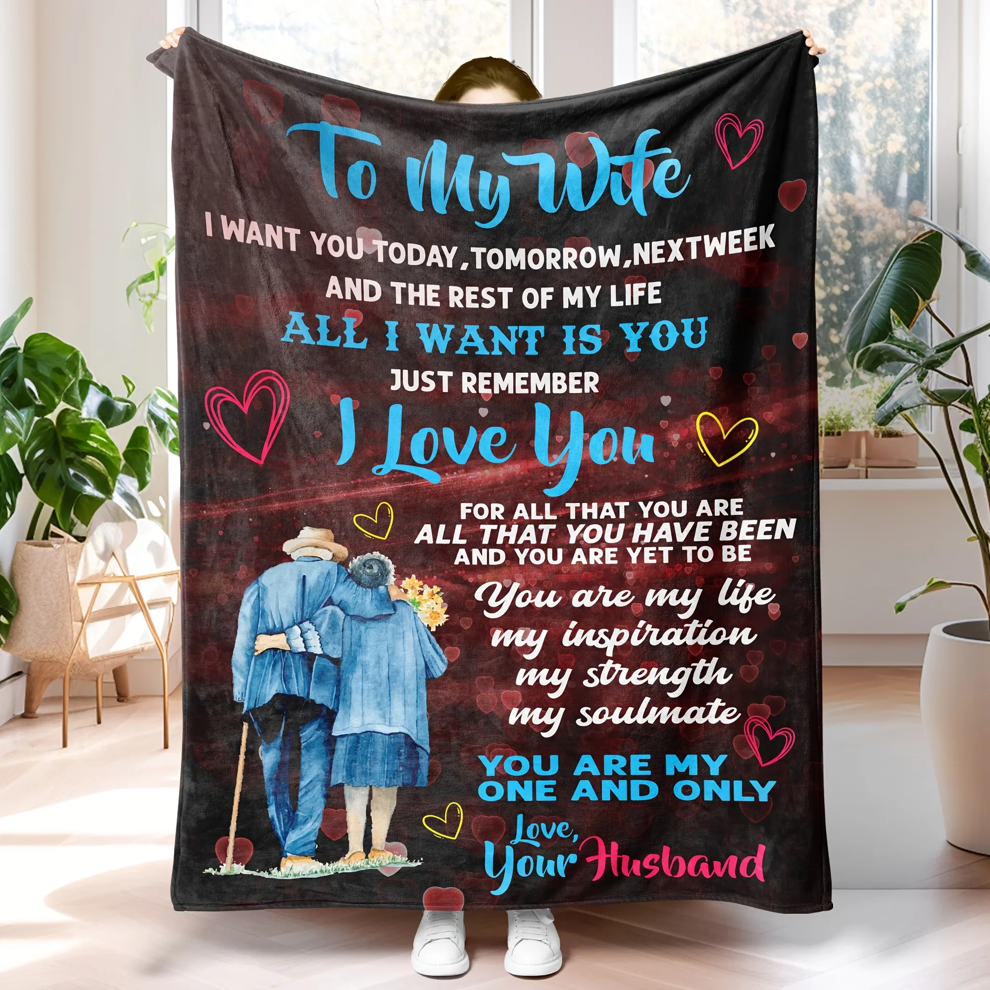1 Piece Luxury Fluffy Ultra-fine Blanket for My Wife - Romantic Love Message, Geometric Pattern, Four Seasons, Perfect for Anniversary, Christmas, Birthday Gift, Travel, Camping, Office Use, Sofa Throw |   Comfortable Parabolic Curve |   Soft texture, lov