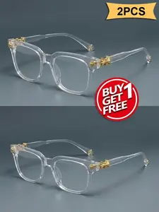 Two unisex oval-shaped full-rimmed stylish transparent glasses with a simple transparent PC frame and lenses. Comfortable plastic hinges make them suitable for use with computers, gaming, televisions, and mobile phones.