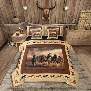 Horse Comforter Set 7 Pieces Galloping Horse Bed in a Bag for Boys Western Cowboy Rustic Farmhouse Cute Animal Bedding Set Brown Bed Set with Comforter,Sheet Set,Pillowcases