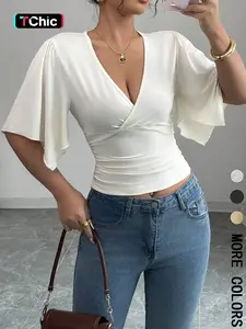 Women's Plain Tee, Elegant T-shirt Top for Daily Holiday Vacation Wear, Ladies Clothes for Summer, Womenswear