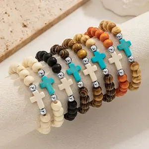 8Pcs Bohemian Style Colorful Patterned Wooden Bead Cross Bracelet Multi-layer Stackable Unisex Bracelet Set