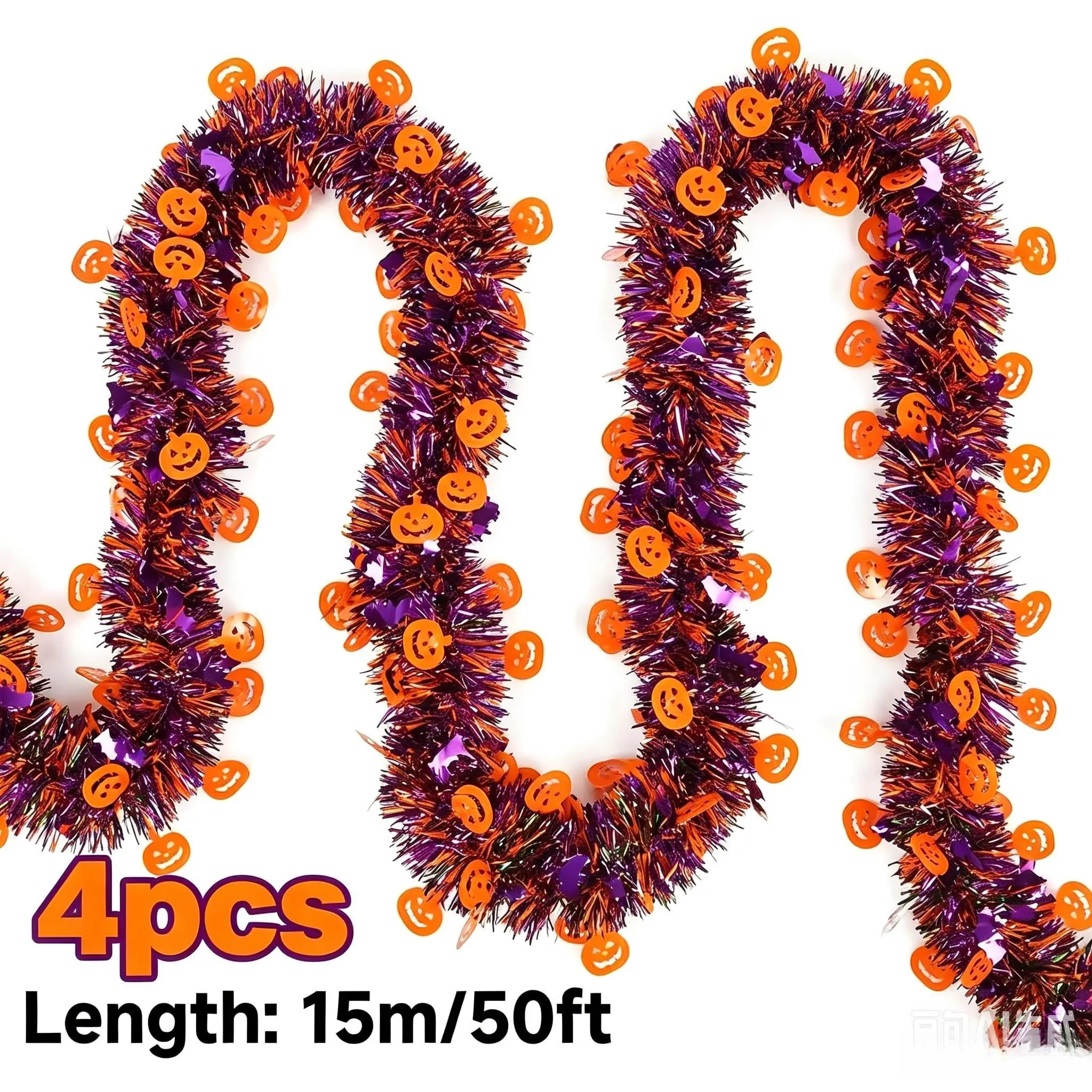 4pcs 50FT Spooky Metallic Light Halloween Tinsel Long Garland - Shiny Pumpkin, Spider, Bat Ornaments for Tree, Mantel, Indoor-Outdoor Festive Home Decor