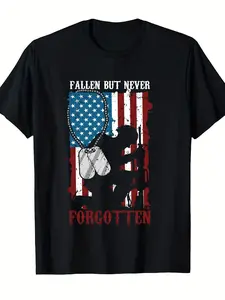 Men' & Women' Full US Flag Print T-Shirt - Fallen But Never Forgotten Patriotic Shirt Suitable for Men & Women Breathable Round Neck Casual Tee Remembrance Gift for Memorial Day Machine Washable American Apparel for Year-Round Wear