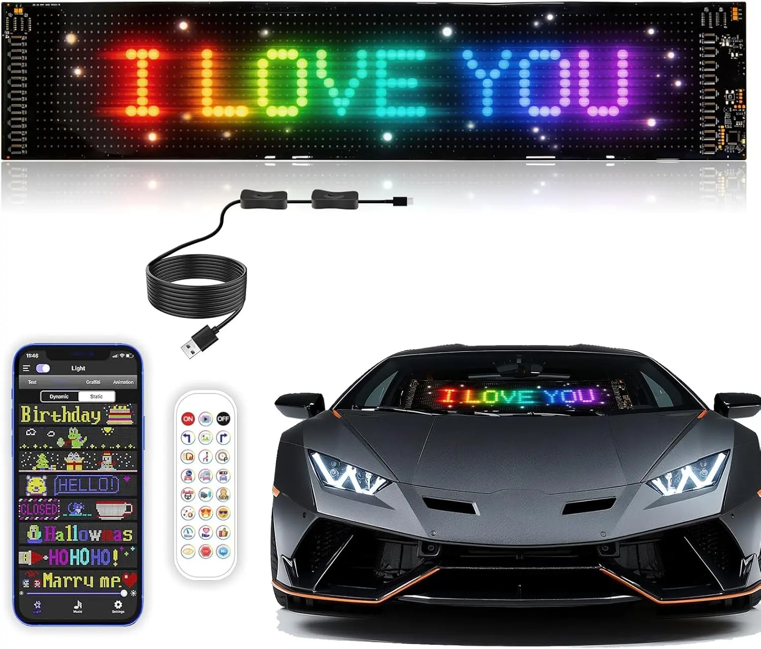 25.2" Flexible LED Sign with Bluetooth App Control, Custom Scrolling Text & Animations, USB Powered Programmable Display for Car, Store, Party & Home Decor