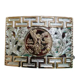 Centenario Belt Buckle Faux Mexican Peso Design rose tone and silver with Central Emblem, Rectangular Style, and Decorative Elements, Unisex, Metal, 4.5 x 3.5 Inches