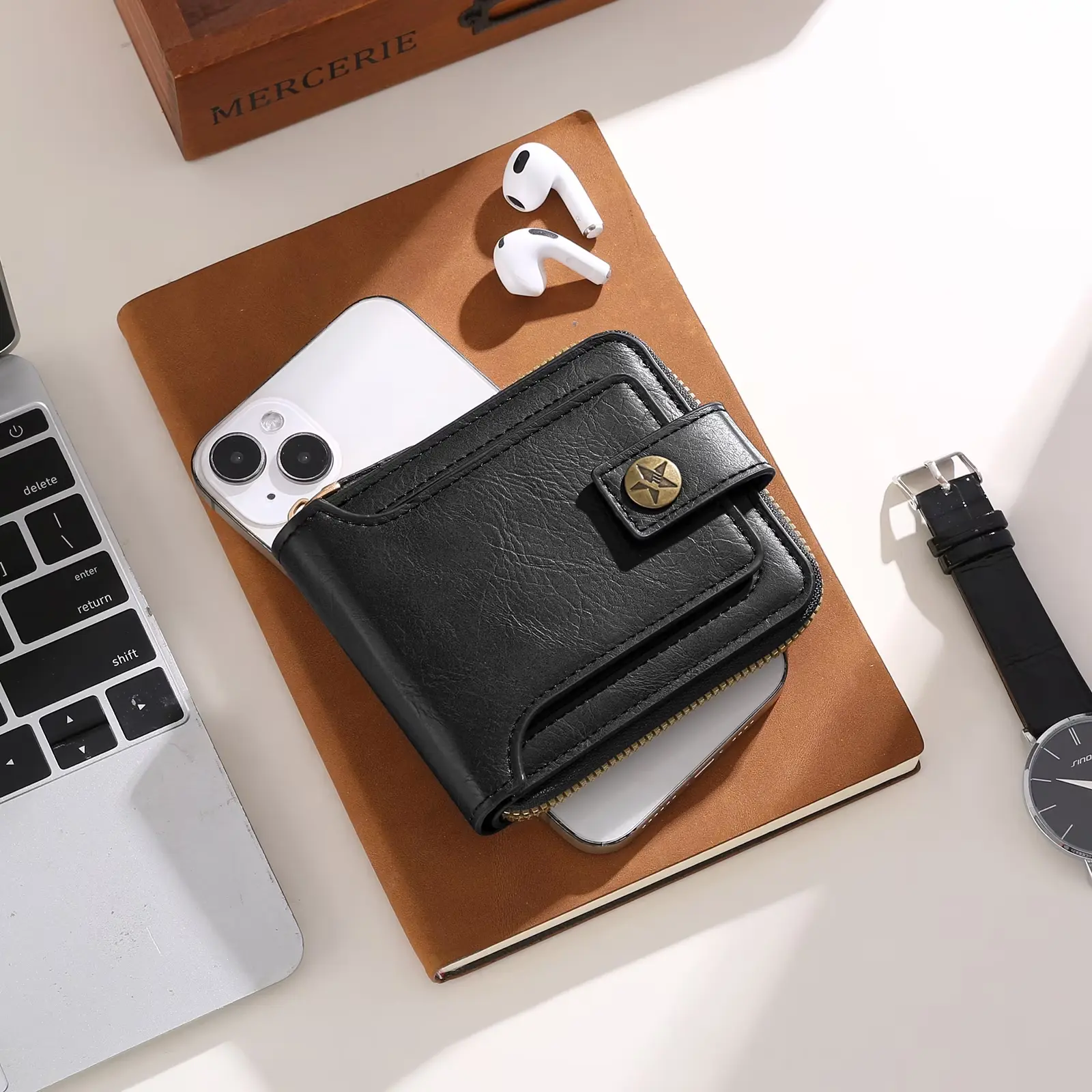 Leather Men's Wallet with Zipper Vintage RFID Blocking Large Capacity Wallet for Men with 10 Credit Card Slots and 1 ID Window