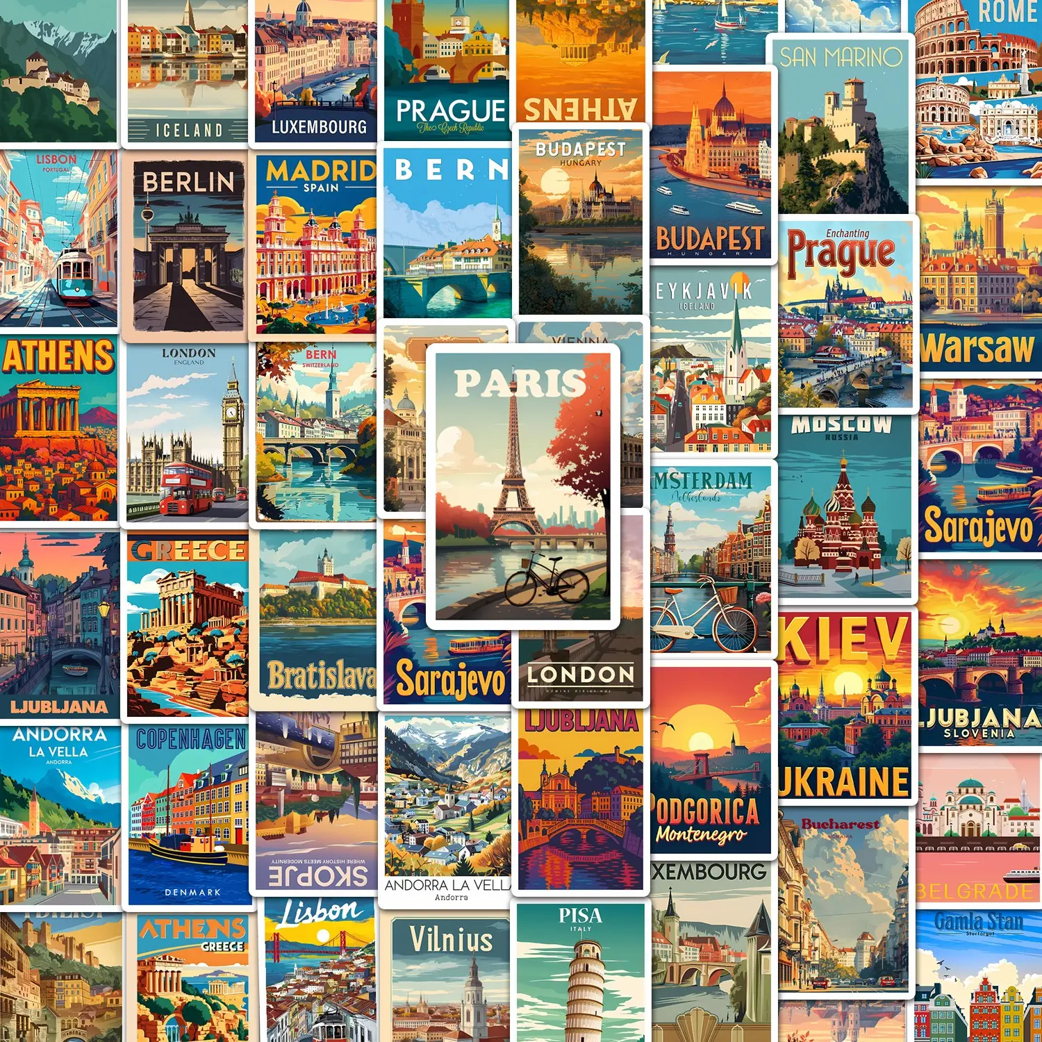 50Pcs Vintage European City Travel Stickers Pack, Prague, Warsaw, Sarajevo, Paris, Andorra, London, Berlin, Jubiljana Waterproof Retro Wanderlust Vinyl Decals for Laptop Water Bottle Journal Scrapbook, Souvenir Gifts for Europe Travel & Wanderlust Lovers