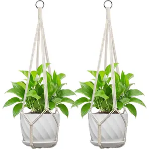 Macrame  Hanger, Fits 4-13 Inch Pots, Boho   Holder for Indoor Outdoor, 35 Inch, Set of 2, White (No Flowerpot)