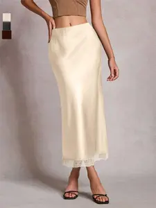 Fashionable Commuter Layered Elegant Lace Patchwork Satin Skirt, High Waist Elastic Sexy Bodycon Long Dress, All Seasons, Lace Trim Skirt