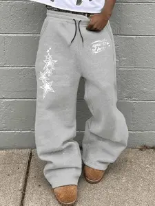 American Street Star Print Wide Leg Pants, Preppy Style, Drawstring Waist, Loose-Fitting, Casual Streetwear Pants, All Seasons, Trendy Street Fashion