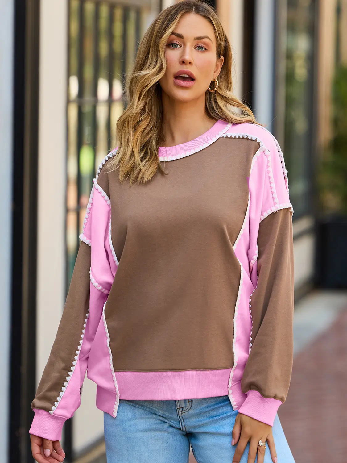 POPVIL Patchwork Sweatshirt - Pink and Brown Colorblock Design, Stitching Details for Women's Fashion, Fall Sweatshirt, Back to School Sweatshirt