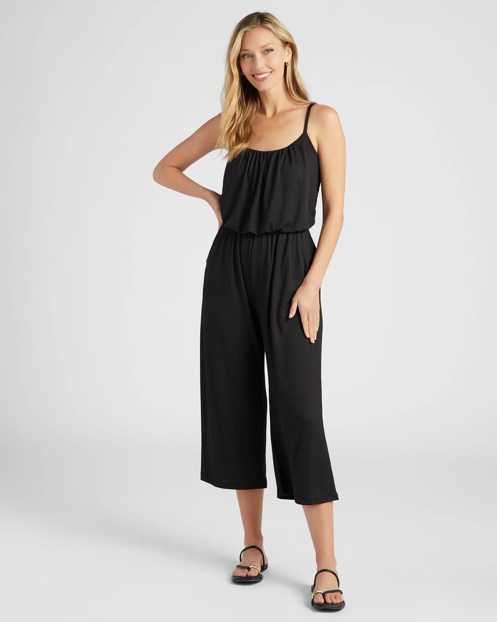 Women's Ribbed, Comfy, Soft, Fitted, Stretchy Cropped Spaghetti-Strap Overalls Jumpsuit, Sleeveless, Scoop Neck, Casual, Pull On
