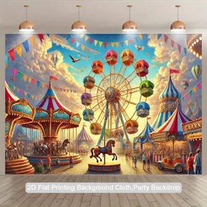 2D Flat, 1pc Carnival Party Backdrop - Ferris Wheel, Vintage Carousel, Circus Tent - Fairground Photography Background for Birthday, Wedding, Photo Studio - Indoor/Outdoor Decoration - No Electricity Needed - Easy Hang Setup - Durable Polyester Fabric,