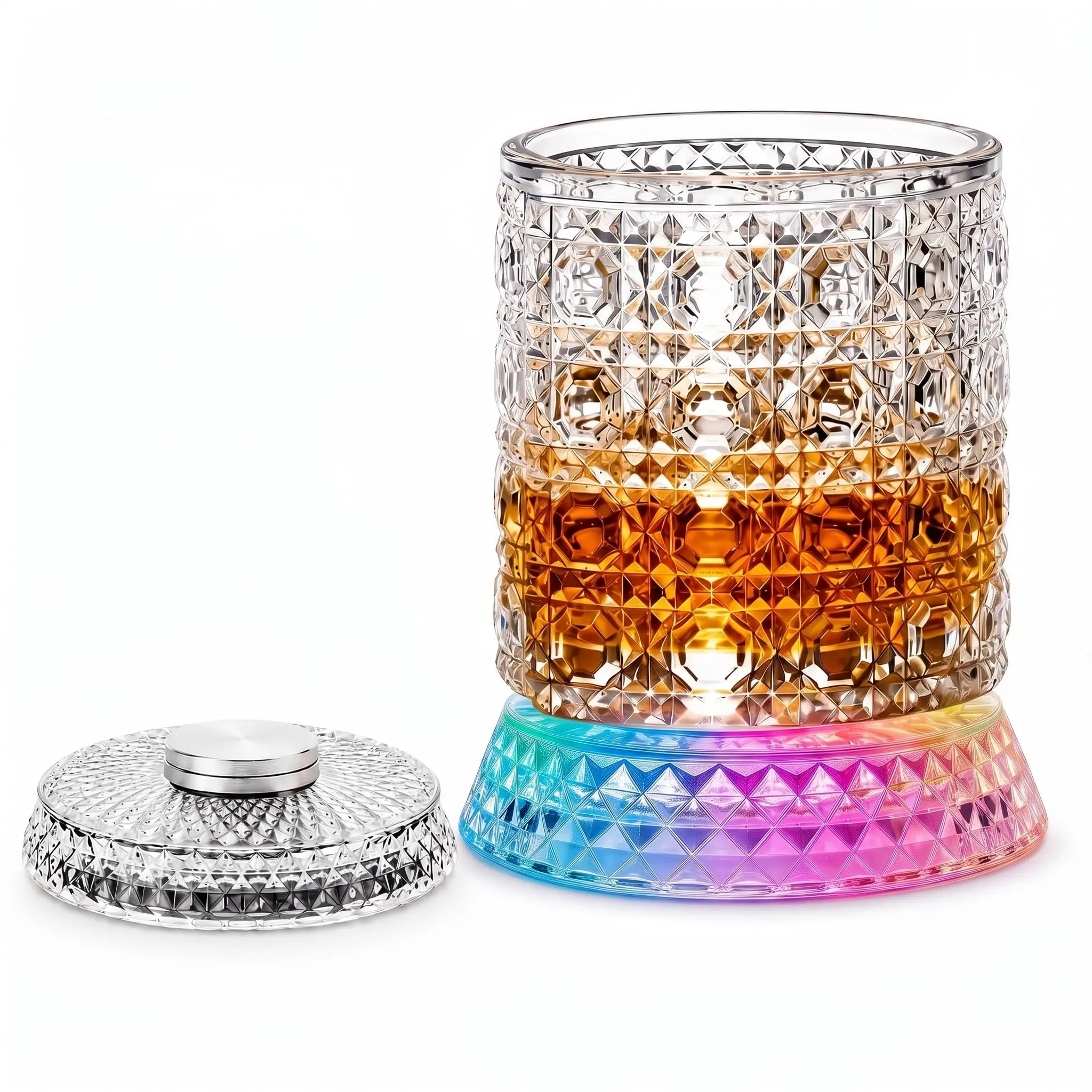 9.5 Fl Oz LED Spinning Whiskey Glass with 360° Rotating Base, 7-Color Light-Up Old Fashioned Glass for Bourbon, Scotch, Men's Festive Party Gift Drinkware,crystal wine glass ,Drinkware Pack