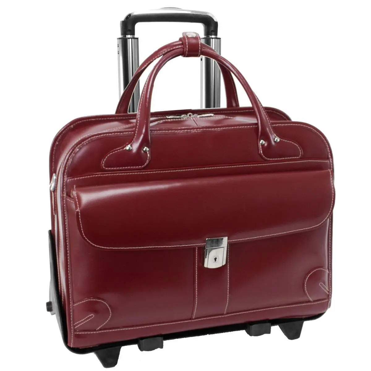 212 MAIN Men's Red Leather Lakewood Briefcase - Weatherproof, Fly-Through Checkpoint-Friendly, Detachable-Wheeled Travel Must Haves with Shoulder Strap and Key Lock