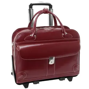 212 MAIN Men's Red Leather Lakewood Briefcase - Weatherproof, Fly-Through Checkpoint-Friendly, Detachable-Wheeled Travel Must Haves with Shoulder Strap and Key Lock