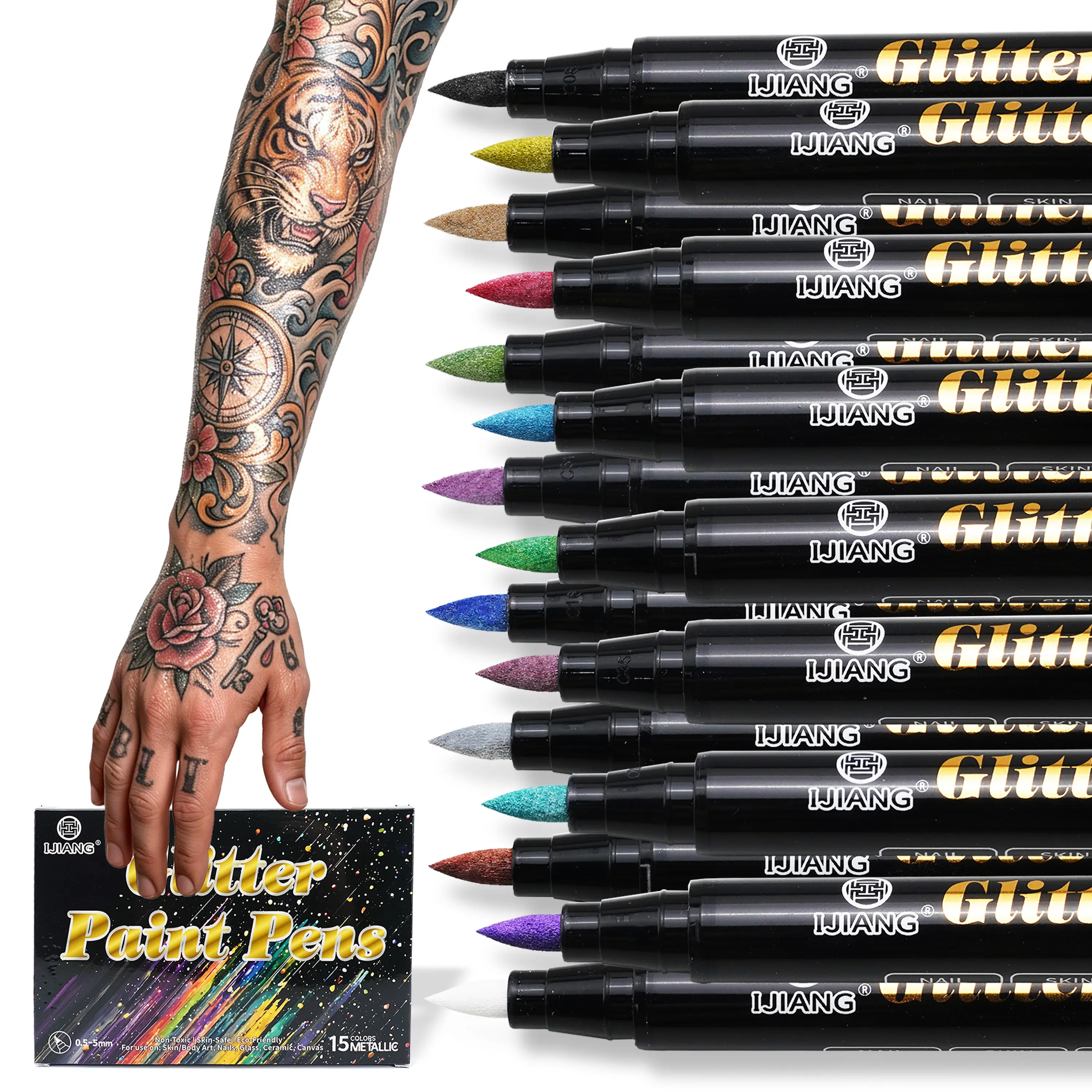 Temporary Tattoo Markers 15 Metallic Colors with Flexible Brush Tip, Long-Lasting, Waterproof & Skin-Safe Body Markers, Ideal for Soccer Match Face Paint for Kids and Adults sohochic