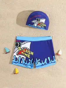 Cute Toddler Hat Print Beach Spa Swim Trunks, Swimming Competition Casual Cartoon Stylish Boys Swimsuit, Kids Bathing Suit