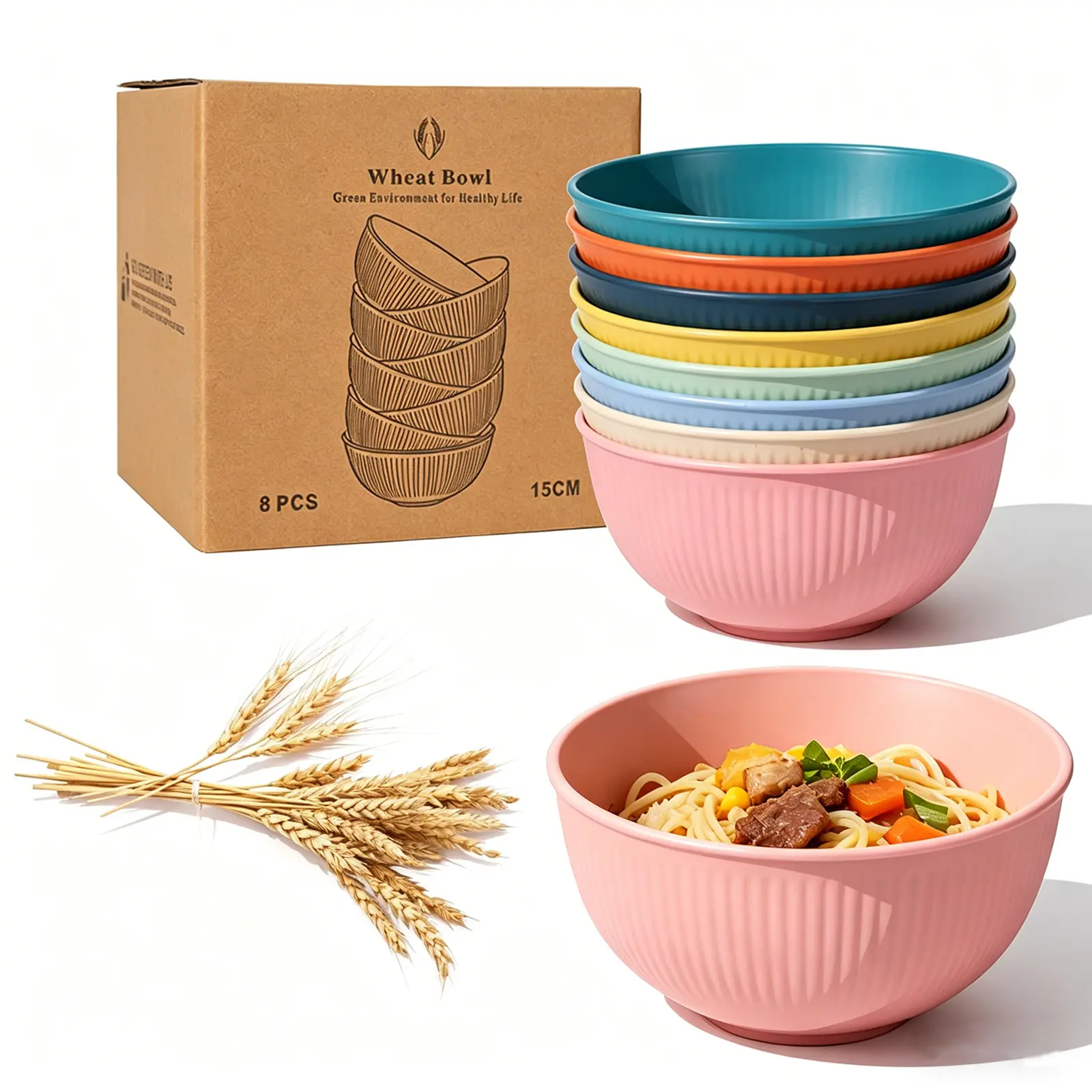 8 Pcs Wheat Straw Bowl Set, 5.9" Reusable Large Plastic Bowl, 26 oz Unbreakable Thickened Bowls for Cereal, Snack, Rice, Salad, Soup, Kitchen, Camping, Party
