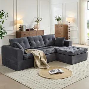 【2 Packages Shipping】105" Cloud-Like Sectional Sofa Couch with L-Shaped Chaise Lounge, Oversized Modular Design, Soft Plush Corduroy, Tool-Free Assembly, Vacuum-Sealed Compression Couch for Living Room or Bedroom, 105"W x 67.7"D x 30"H, Grey