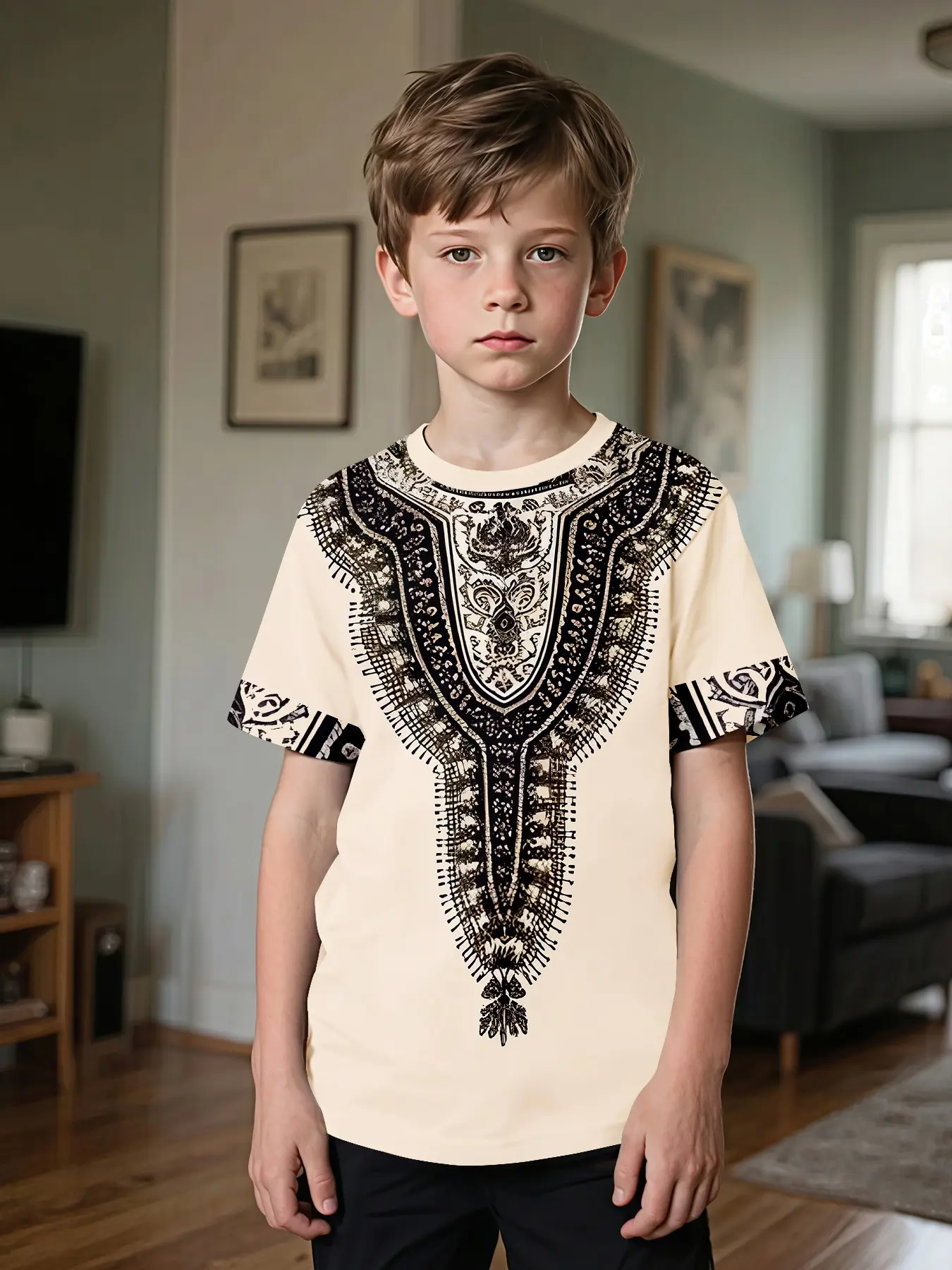 Boys' African Totem Digital Print Tee, Graphic Shirt, 100% Polyester Casual Long Sleeve Top, Perfect Gift for Outdoor Sports & Daily Wear, Summer Shirt