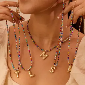 VRIUA Colorful Letter Chocker for Women & Girls Bubble Initial Letter Chocker Handmade Beaded Necklace Dainty Beach Personalized Chocker for lover's gifts. Adjustable Choker