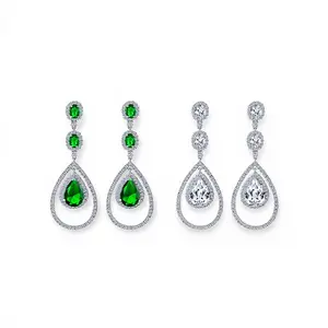 Art Deco Style Green Emerald & White Cubic Zirconia Halo Teardrop CZ Chandelier Earrings (Set of 2)