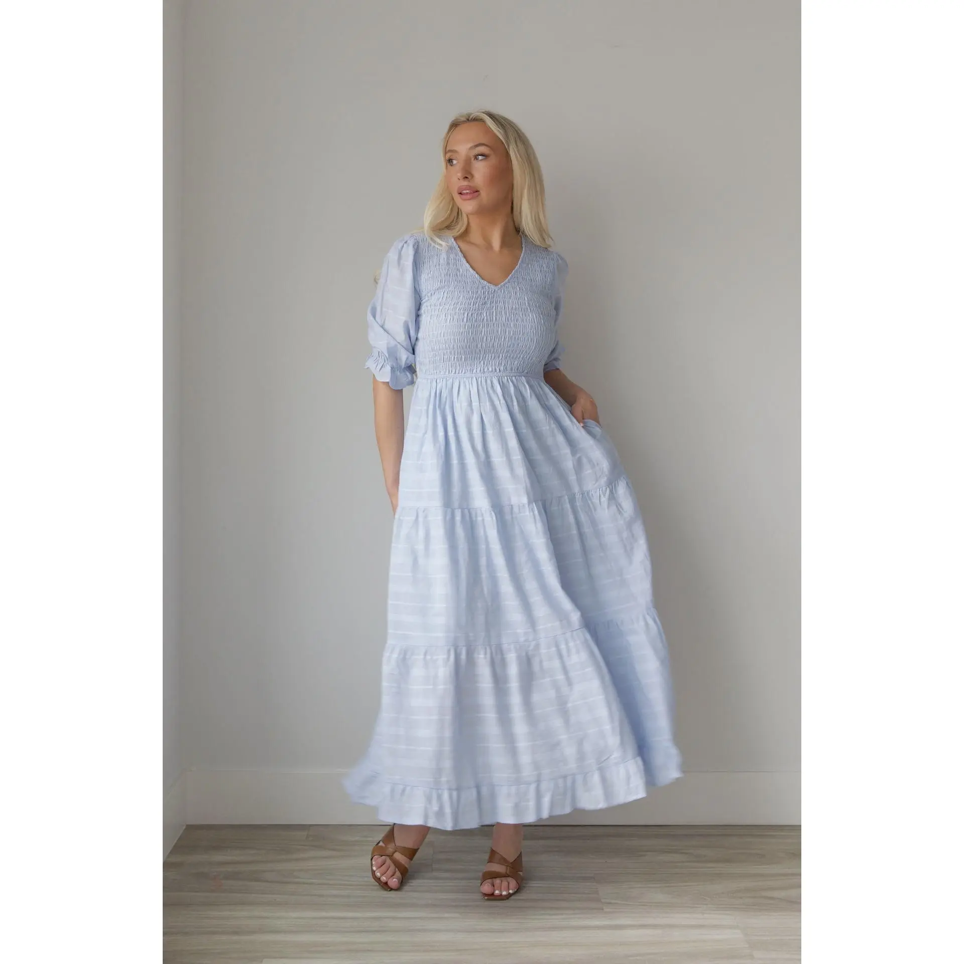 Penelope Blue Smocked Midi Dress - TikTok Shop