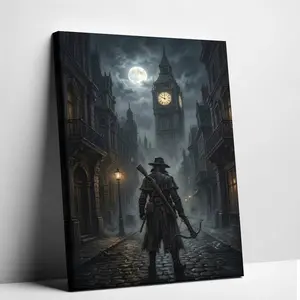 Gothic Hunter in London Mist Canvas Wall Art Bloodborne Vibe Poster, High Quality Eco-Friendly Gaming Room Art, Aluminum Framed or Frameless Poster Dark Decor