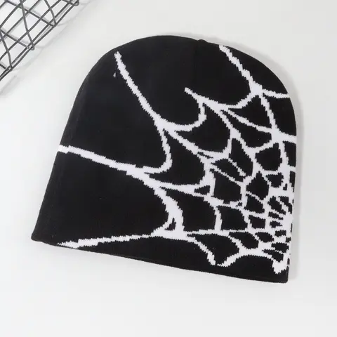 2026 New Fashionable Hats for Female Adults, Graphic Spiderweb Print Y2K Jacquard Knitted Beanie - Euro-US Trend Winter Cotton Blend Daily Outdoor Sport Cap (White-Black)