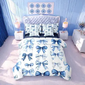 Blue Bow Comforter Set,with Sheets Princess Bow Tie Girls Bed in A Bag,Ultra Soft Butterfly Knot 7 Pieces Bed Set, Light Weight