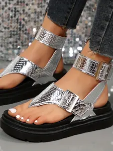 Summer New Thick Sole Roman Sandals, Flip Flops, Lightweight Thong Strap Buckle Ankle Wrap, Casual Beach Shoes, Women's Footwear, Comfortable and Stylish