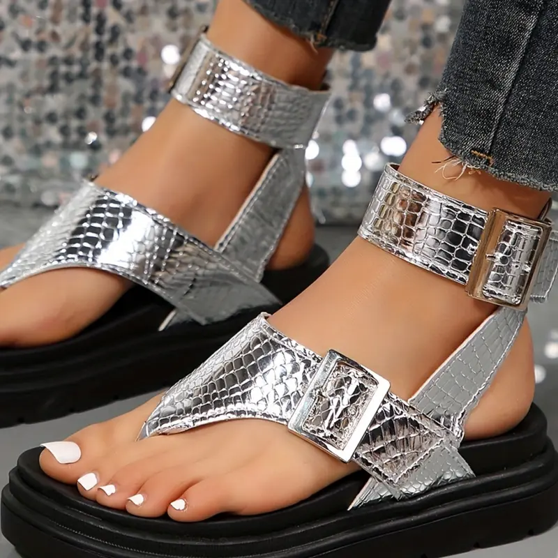Summer New Thick Sole Roman Sandals, Lightweight Thong Strap Buckle Ankle Wrap, Casual Beach Shoes, Women's Footwear, Fashionable Casual Sandals, Comfortable and Stylish
