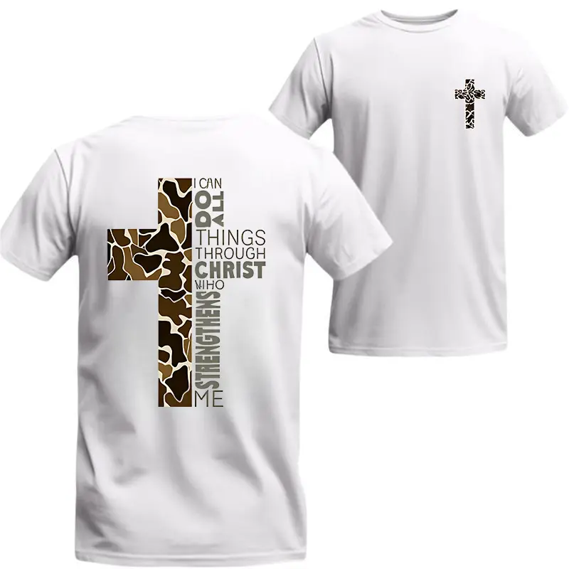 Men's Cross Print Tshirt in a Fitted Cut, Short-Sleeve Religious Top with Philippians 4:13 Faith Statement