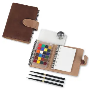 IDEAPLUS A7 Loose Leaf Watercolor Notebook Mini Travel TN Passport Book with 24-Color Pigment Paper & Brushes for Drawing Sketching，Christmas Gift, Gift to Object, Birthday Gift, Halloween Gift, Essential for School Travel