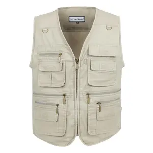 Men'S Stone Washed Outdoor Travel Vest with Multiple Pockets - Lightweight Tech Vest for Hunting, Fishing, and Casual Wear - Beige, Non-Stretch Fabric, V-Neck Design, Spring/Fall Use, Hunting Vest