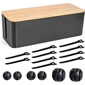 Management Box - Wooden Style Large Cord Organizer to  Wires & Power Strips | Desk   Organizer | Safe ABS Material | 16" (L) x 6.2" (W) 5.3" (H) | for  & Office - Black