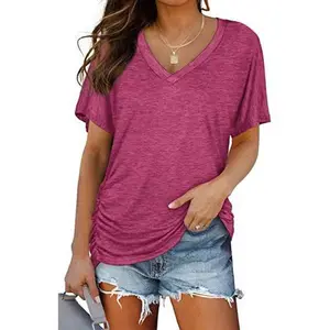 VVZ 2026 Spring Summer Women’s Short Sleeve V Neck Dolman Top Side Shirring Loose Fit Casual Shirt