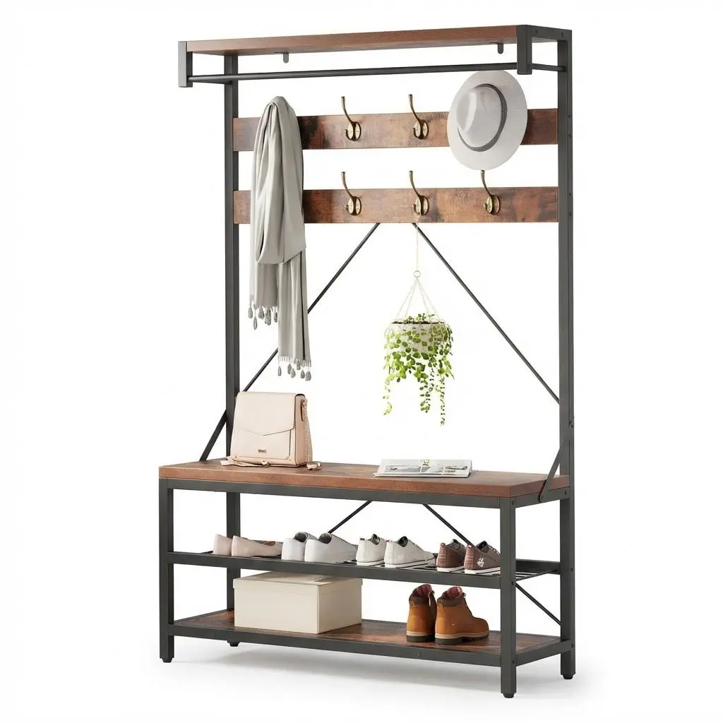 Industrial Hall Tree Coat Rack with 8 Hooks - Hanging Bar - 2-Tier Shoe Storage Bench - Metal Frame - Top Shelf - Wood Accent - Retro Look, Easy Setup Space Saver Built-In Shelves Hallway Furniture for Entryway, Mudroom, Metal & Wood