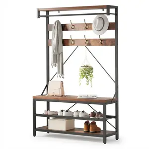 Industrial Hall Tree Coat Rack with 8 Hooks – Hanging Bar – 2-Tier Shoe Storage Bench – Metal Frame – Top Shelf – Wood Accent – Entryway Organizer for Hallway, Mudroom, Bedroom