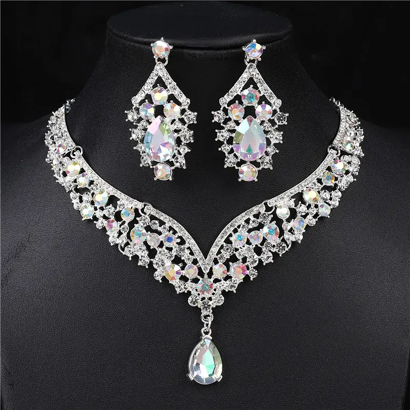 Silver base AB necklace+earring needles