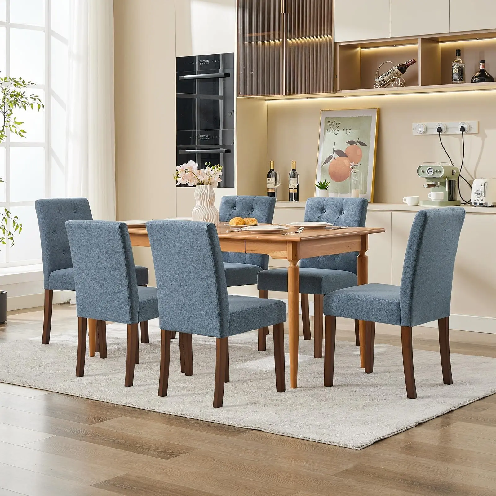 GARVEE Upholstered Parsons Chairs Set of 6, Blue Linen High Back Dining Chairs with Button Tufted Detail, Wood Legs & Adjustable Foot Caps – Comfortable for Dining Room, Restaurant, Cafe – Blue
