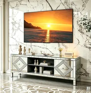 Luxury Mirrored TV Stand for 65+ Inch TV, 59 Inch Wide Sliver Mirrored TV Console Table with Open Storage Shelves and 2 Hidden Storage Cabinets, Diamond Shape Sparkling Mirror Glass Doors,Modern Glossy Entertainment Center Media Console,Luxury TV Cabinet