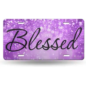 Christian Blessed Purple Glitter Front License Plate, 6x12in Aluminum Religious Sparkle Vehicle Accessory, 4-Hole Vanity Tag Cover for Car, Truck, SUV, Vehicle Accessories