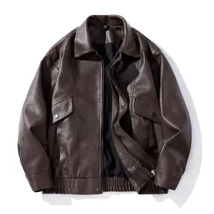 Men's autumn and winter casual synthetic leather bomber jacket, fashionable modern motorcycle flight jacket, leather clothing, casual loose soft motorcycle jacket, lapel button zipper long sleeved jacket with pockets, PU leather jacket