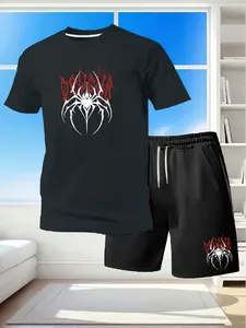 Men's Casual 2-Piece Set, Dark Cool Trendy Spider Totem Printed T-Shirt & Shorts, Daily Fashion