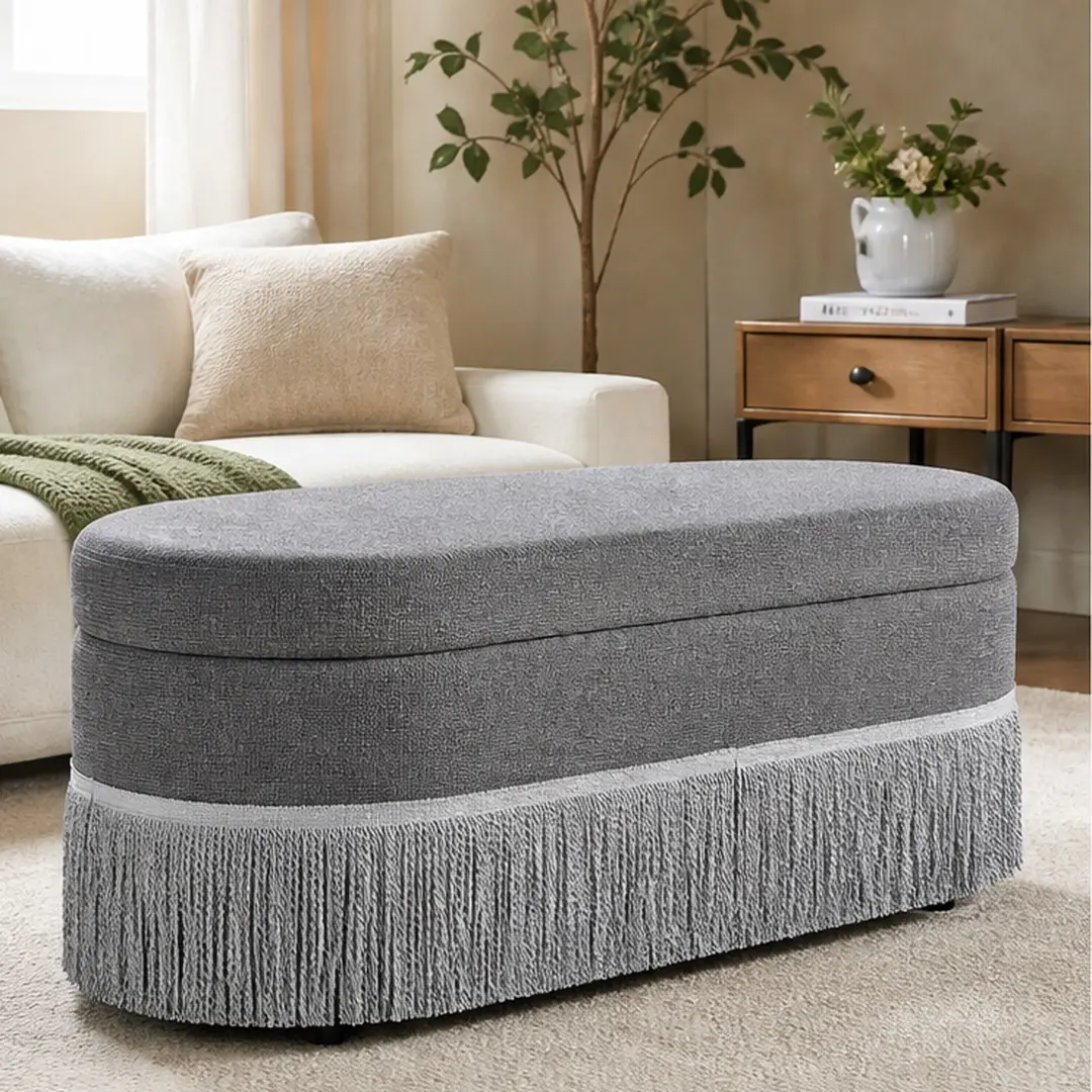 Oval Upholstered Storage Ottoman with Fringe Trim & Lift-Top Lid, 39"L x 16"W x 17"H, Multi-Functional Footrest & Hidden Storage, Grey Fabric with Metal Frame, for Living Room Bedroom Entryway, Beige/Grey Color Options, Foam/Metal Material