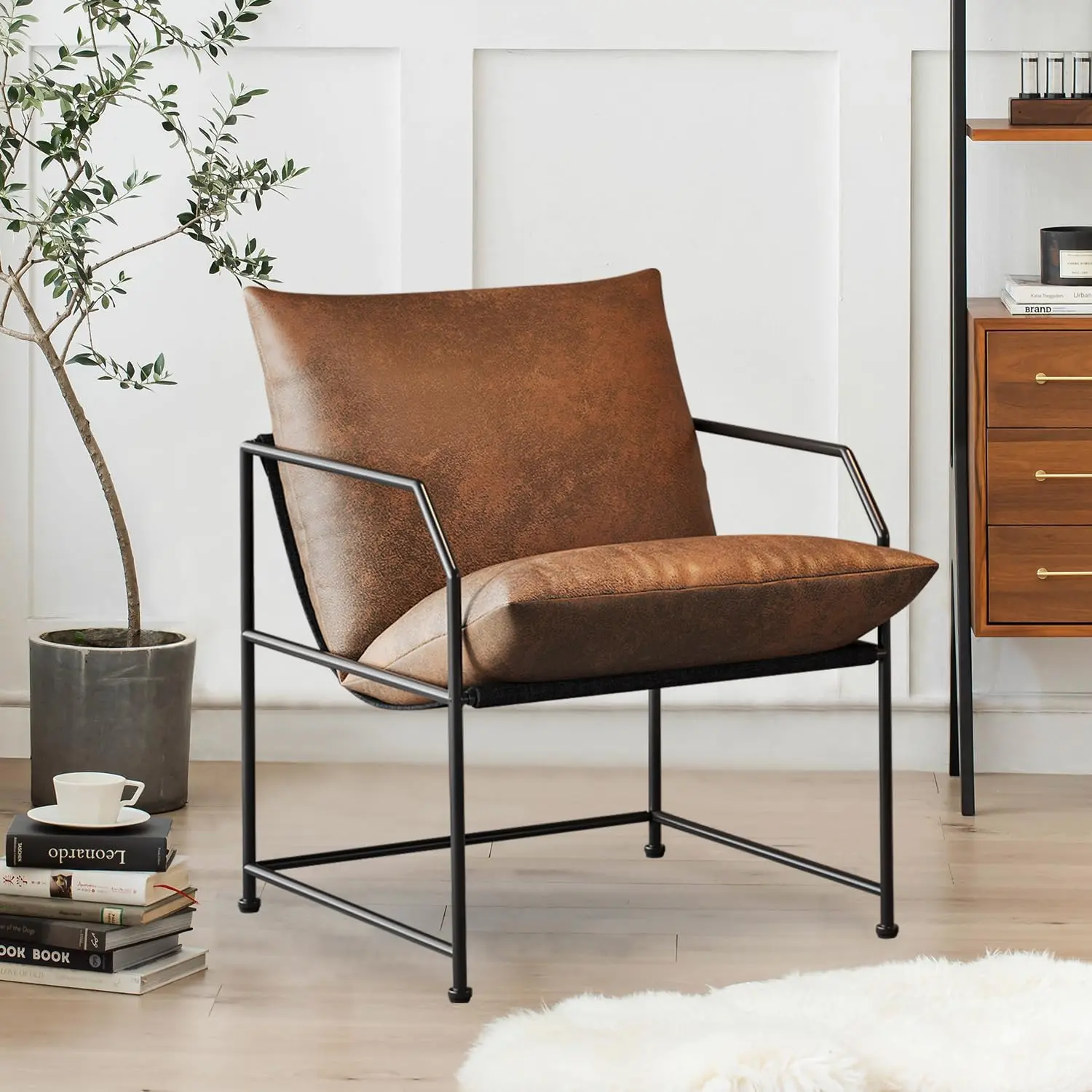 Accent Chair Living Room Chairs Comfy Reading Chair for Bedroom Upholstered Lounge Chair Mid Century Modern Armchair Accent Chairs for Living Room Faux Leather Sofa (Brown, 1)